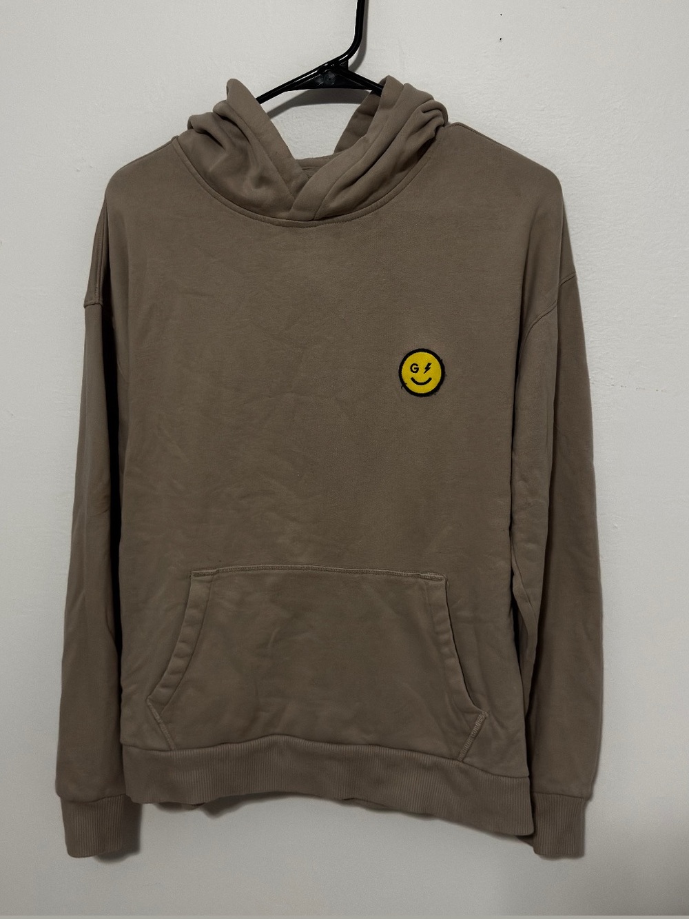 Gilly Hicks Taupe Pullover Hoodie with Yellow Smiley Patch